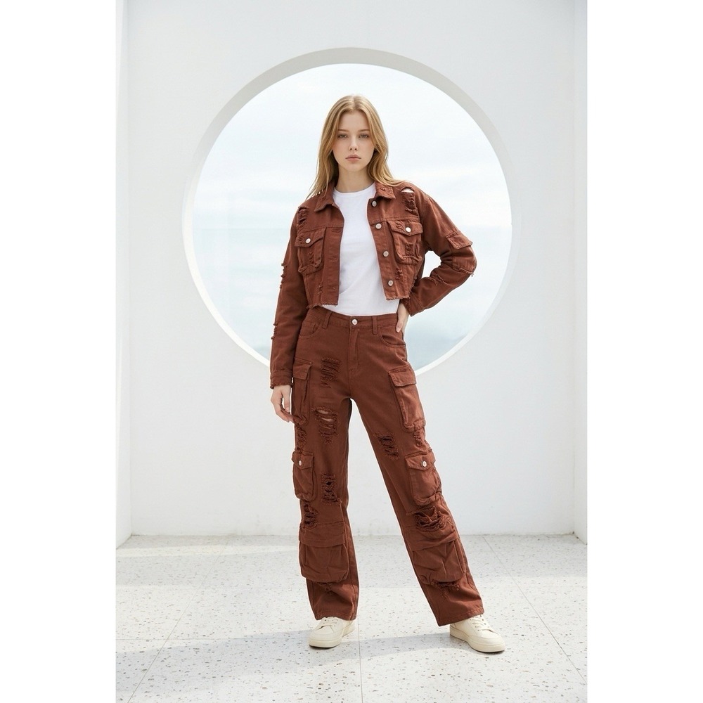 APHRODITE Stretch Shredded Multi Pockets Cargo Pants Brown